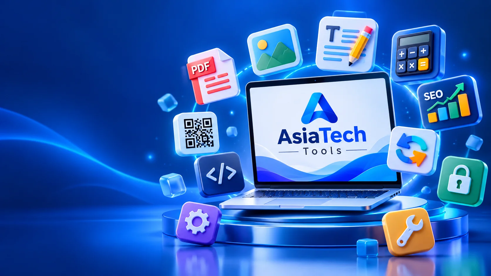 Original AsiaTechTools.net hero graphic with online tools, laptop and utility icons